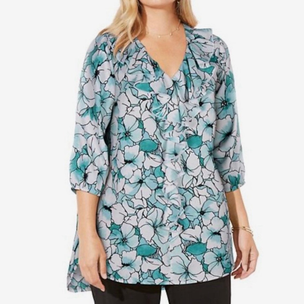 Catherines Teal Floral Romantic Ruffle Georgette Pullover Blouse Office 4X